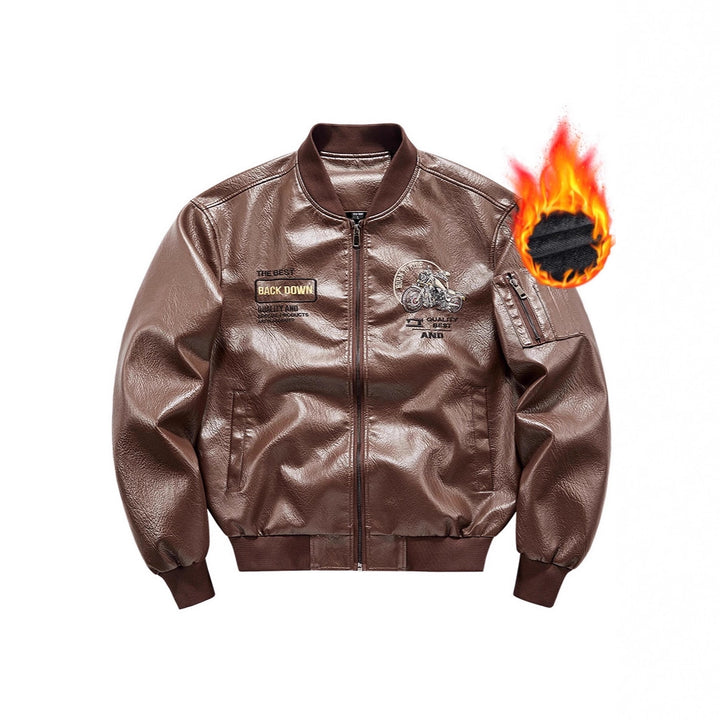Herren Biker Lederimitat Bomberjacke mit Stickpatches und Ärmeltasche Drune