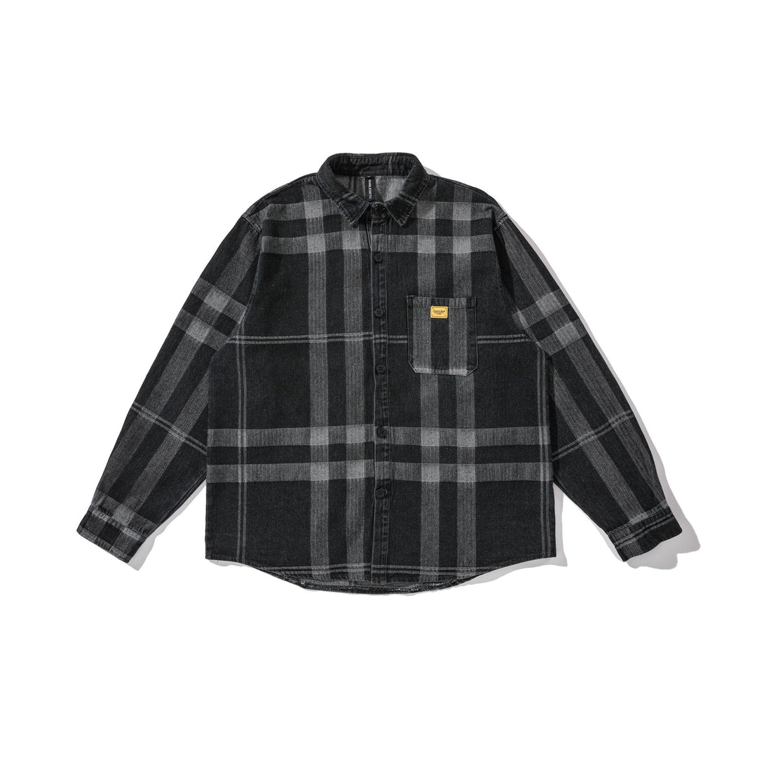 Herren Oversized Karo-Hemdjacke im Worker‑Style mit abgerundetem Saum und Brusttasche Drune