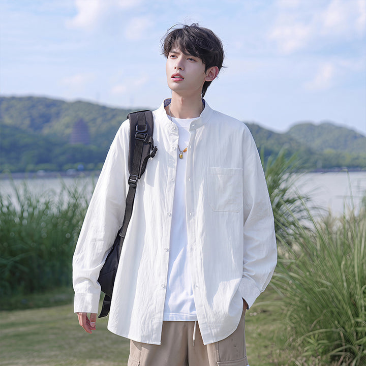 Herren Oversize-Hemd aus leichtem Baumwollmix mit Mandarinkragen und Brusttasche Drune