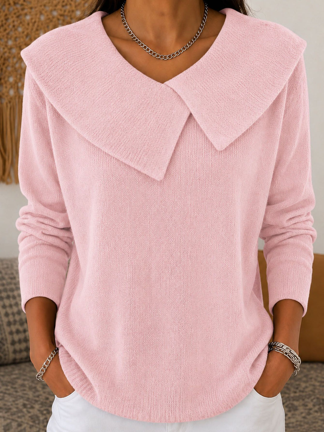 Damen Grobgestrickter Strickpullover mit übergroßem Matrosenkragen Drune