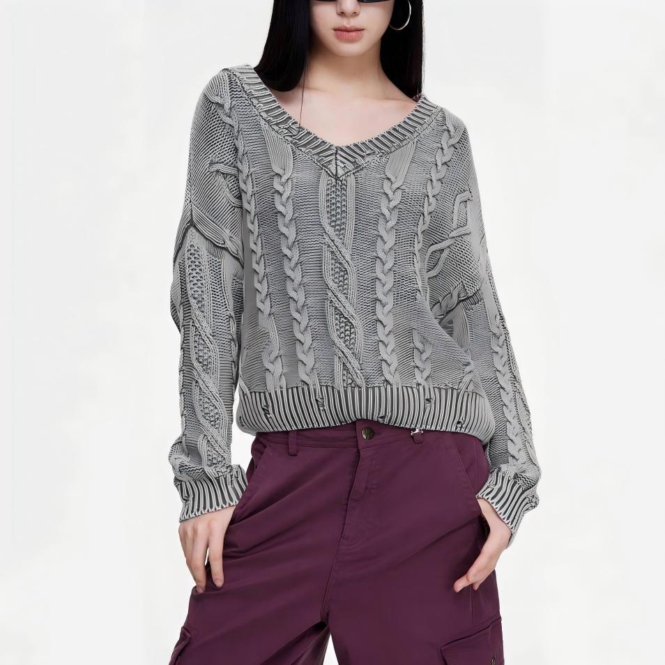 Damen Grobstrickpullover mit tiefem V-Ausschnitt und Zopfmuster Drune
