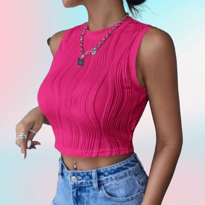 Damen Crop-Top mit strukturierter Oberfläche und hohem Hals Drune