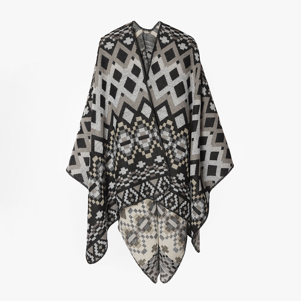 Damen Geometrischer Jacquard‑Capeponcho mit Oversize‑Fall und asymmetrischem Zipfelrand Drune