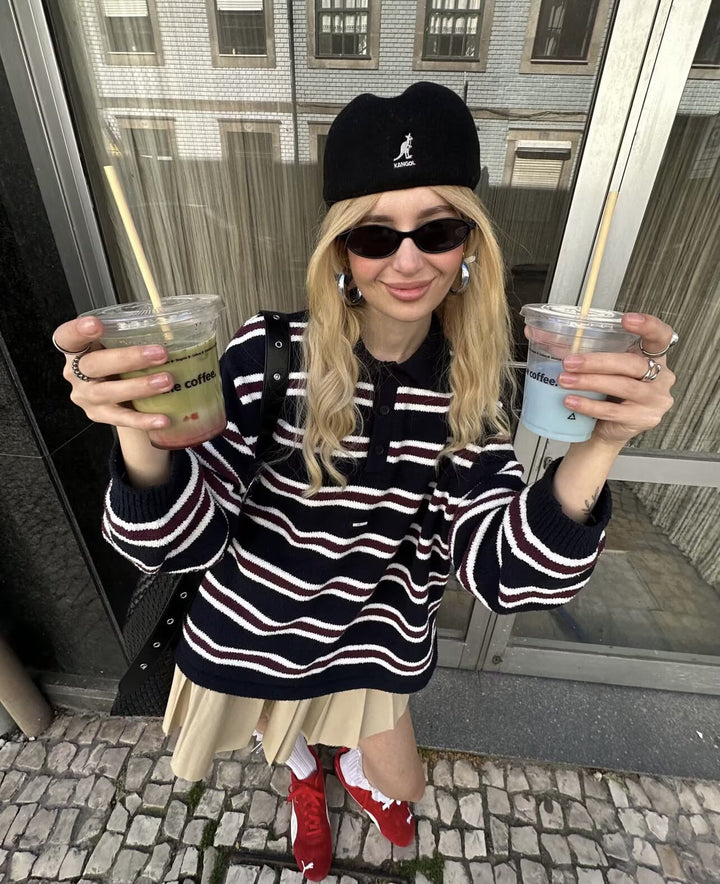Damen Gestreifter Oversize-Strickpullover mit Polokragen und Rippbündchen Drune