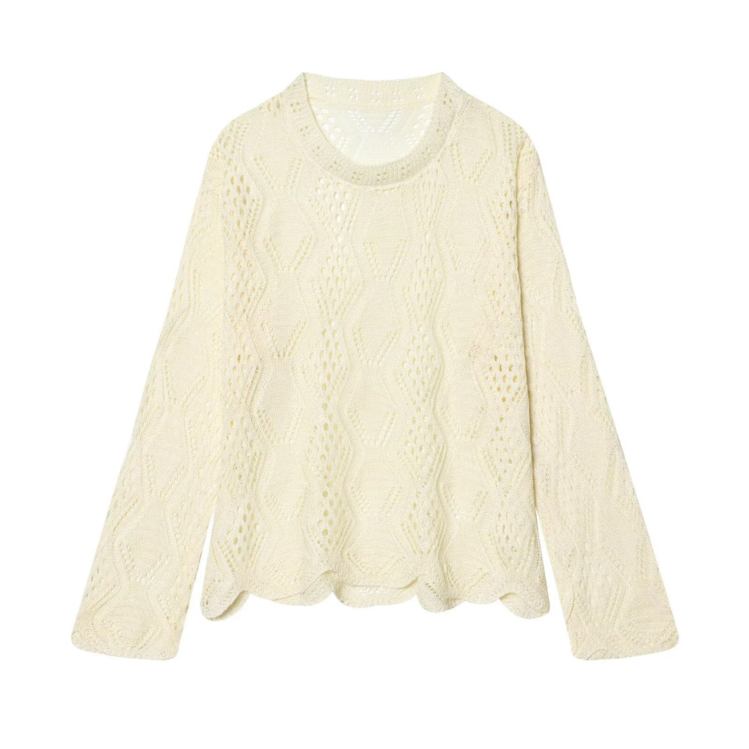 Damen Lochstrick-Pullover mit Zopfmuster und geschwungenem Saum Drune