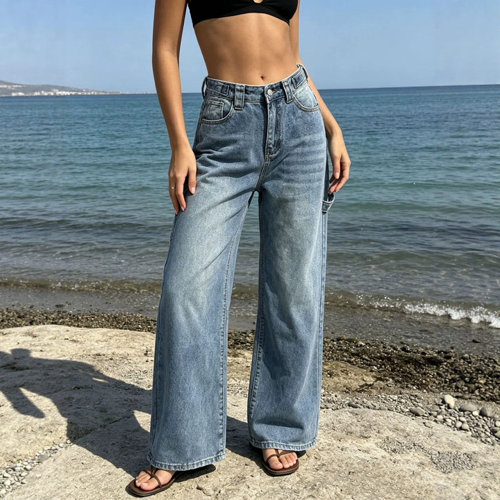 Damen nan weite High‑Waist Carpenter-Denimhose mit Utility-Seitentasche und ausgestelltem Bein Drune