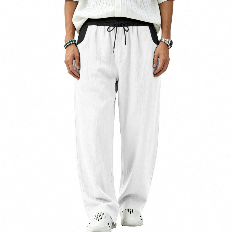 Herren Locker sitzende Leinen-Mischstoff Freizeithose mit Elastischem Tunnelzug und Seitentaschen Drune