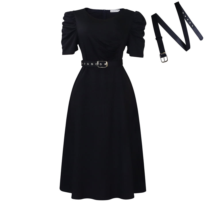 Damen Midi-Kleid mit eleganten Puffärmeln und tailliertem Gürtel Drune