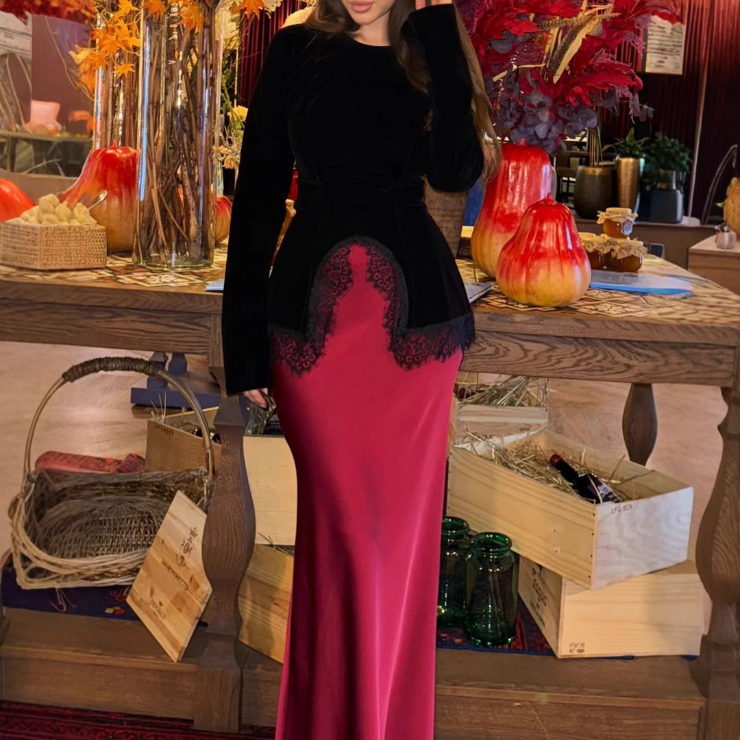 Damen Samt-Longsleeve mit Spitzensaum und geschwungenem Vorderdetail Drune