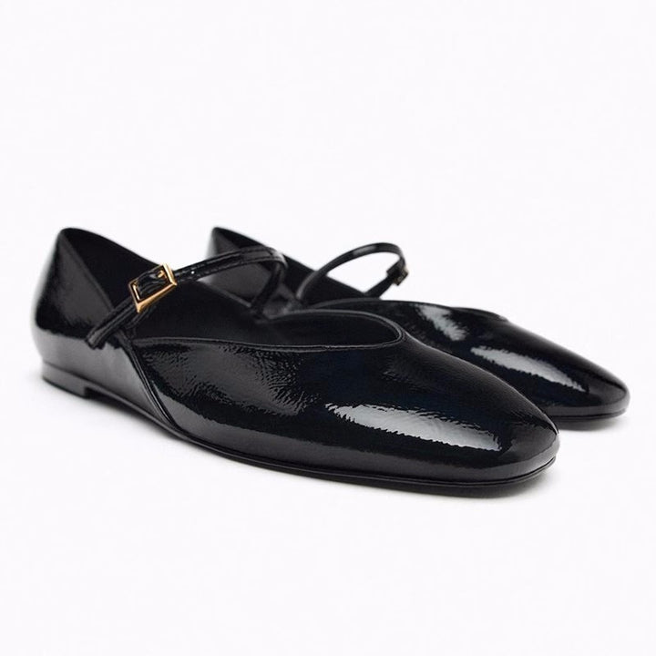 Damen nan elegante Lack-Mary-Jane-Ballerinas mit feiner Metallschnalle und spitzer Vorderkappe Drune