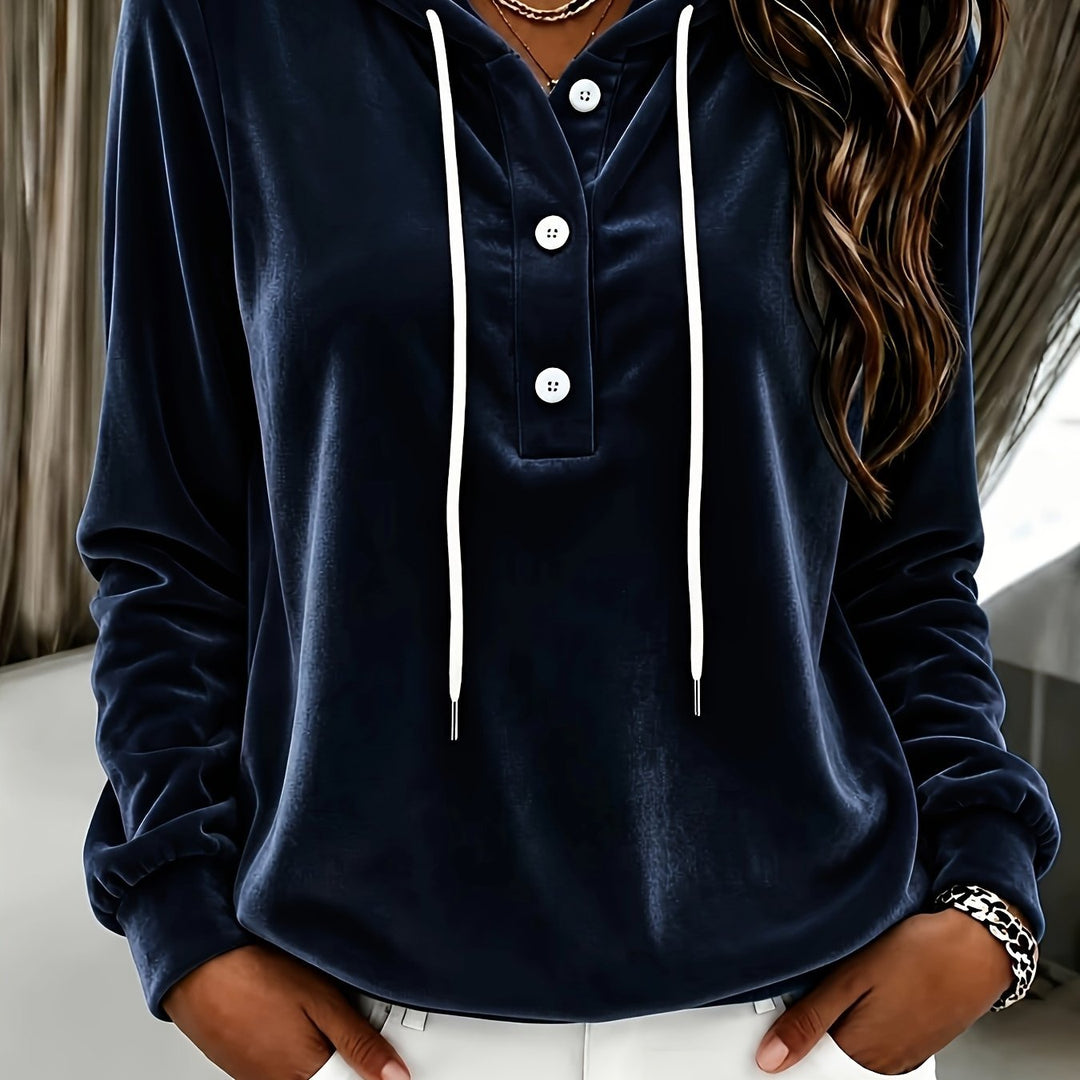 Damen Samt-Hoodie mit Knopfleiste, Kapuze und weichem Fleece-Finish Drune