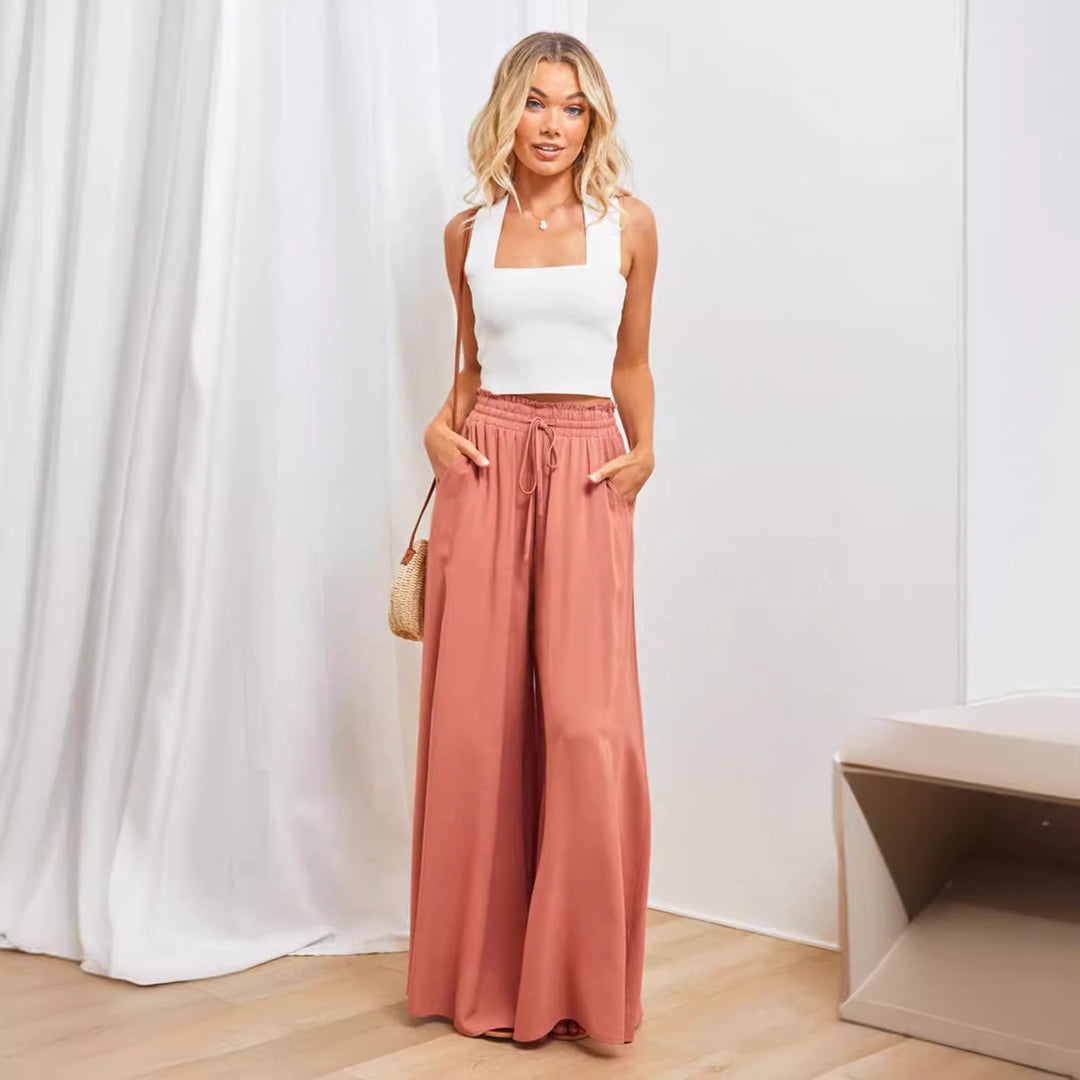 Frauen Hohe Taille Rüschen Elastischer Bund Weite Bein Strand Palazzo Hose mit Zugband und Seitentaschen Drune