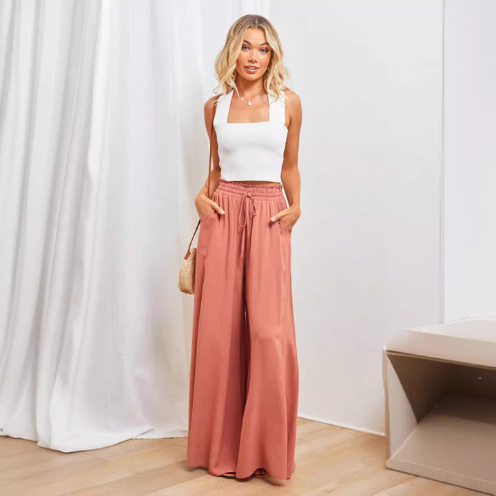 Frauen Hohe Taille Rüschen Elastischer Bund Weite Bein Strand Palazzo Hose mit Zugband und Seitentaschen Drune