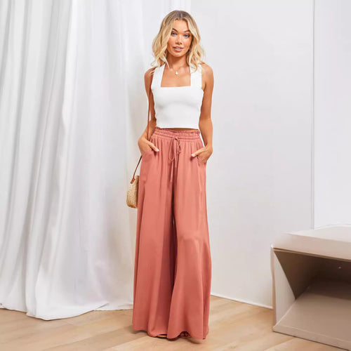 Frauen Hohe Taille Rüschen Elastischer Bund Weite Bein Strand Palazzo Hose mit Zugband und Seitentaschen Drune