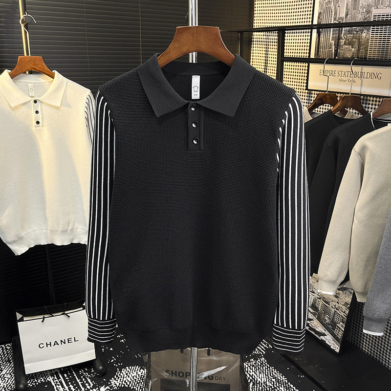 Herren Strick-Poloshirt mit kontrastgestreiften Ärmeln und feiner Struktur Drune