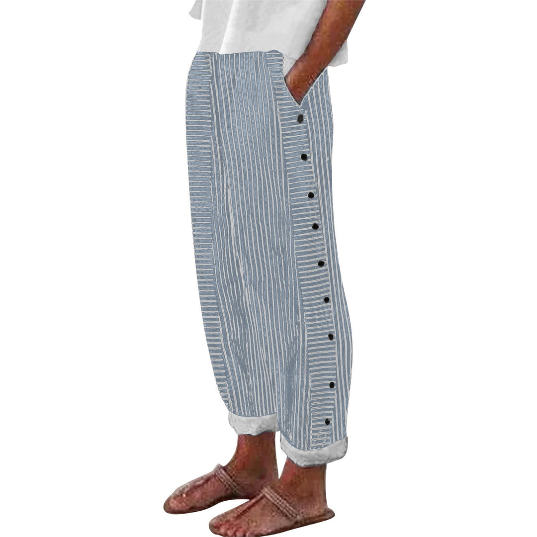 Damen Leichte Gestreifte Hose mit Seitlichen Knopfverschluss und Elastischem Bund Drune