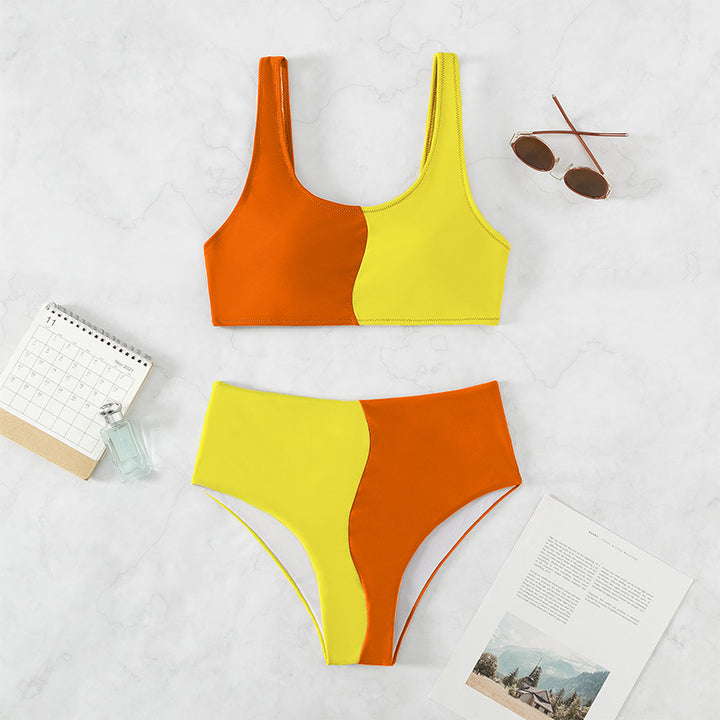 Damen Hochgeschnittenes Bikini-Set mit kontrastierenden Farbblöcken Drune