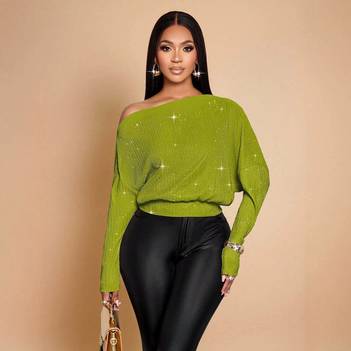 Damen Off-Shoulder Rippstrick-Pullover mit Glitzereffekt und Batwing-Ärmeln Drune