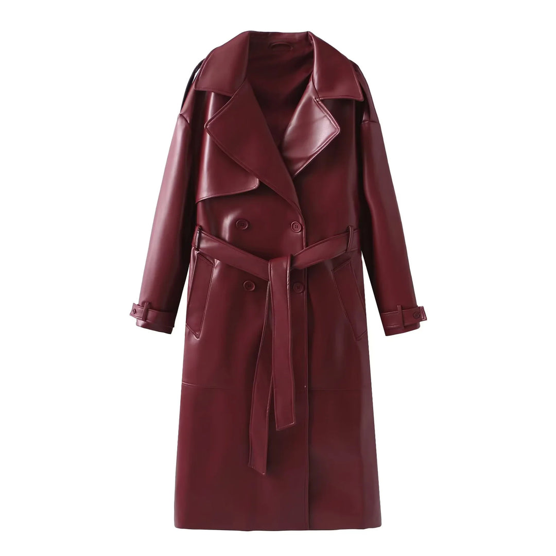 Damen nan taillierter veganer Trenchcoat aus Lederimitat mit Schalkragen und Bindegürtel Drune