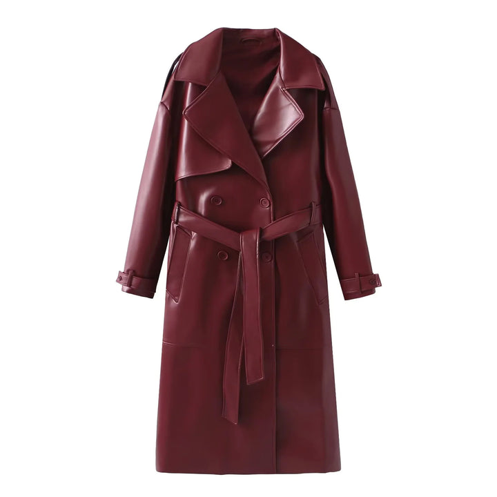 Damen nan taillierter veganer Trenchcoat aus Lederimitat mit Schalkragen und Bindegürtel Drune