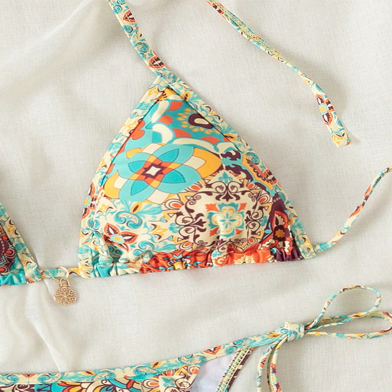 Damen Triangel-Bikini mit floralem Muster und eleganten Bindebändern Drune
