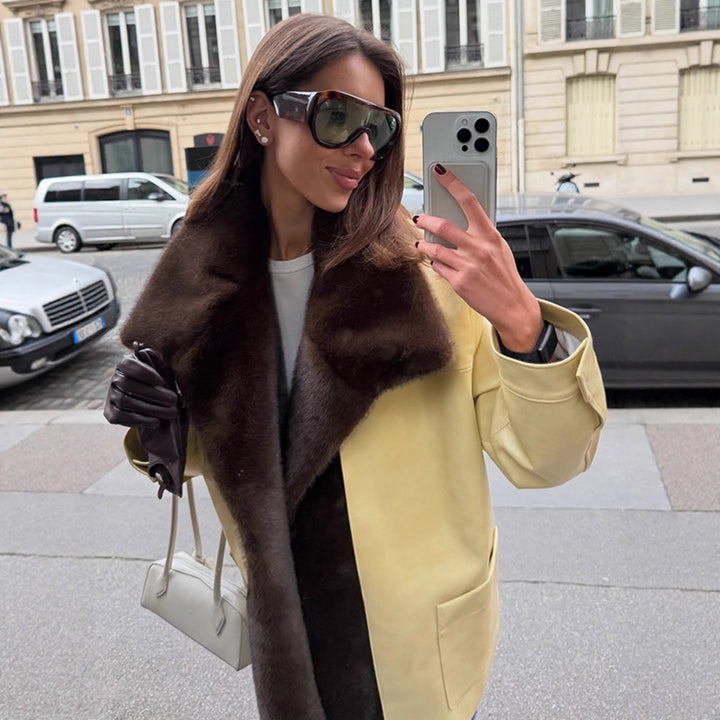 Damen Eleganter Oversize-Mantel aus Veloursleder‑Optik mit voluminösem Faux‑Fur‑Schalkragen Drune