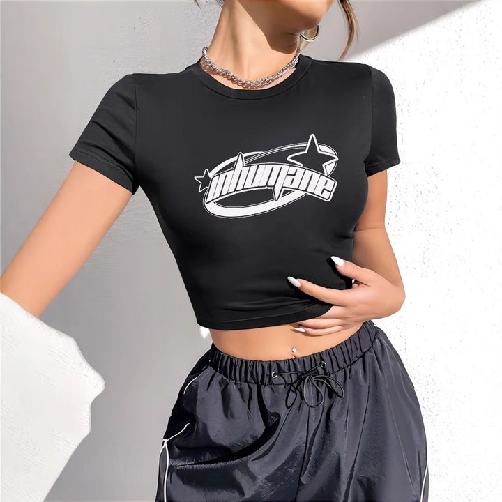 Damen Crop-T-Shirt mit kreativem Schriftzug und figurbetontem Schnitt Drune