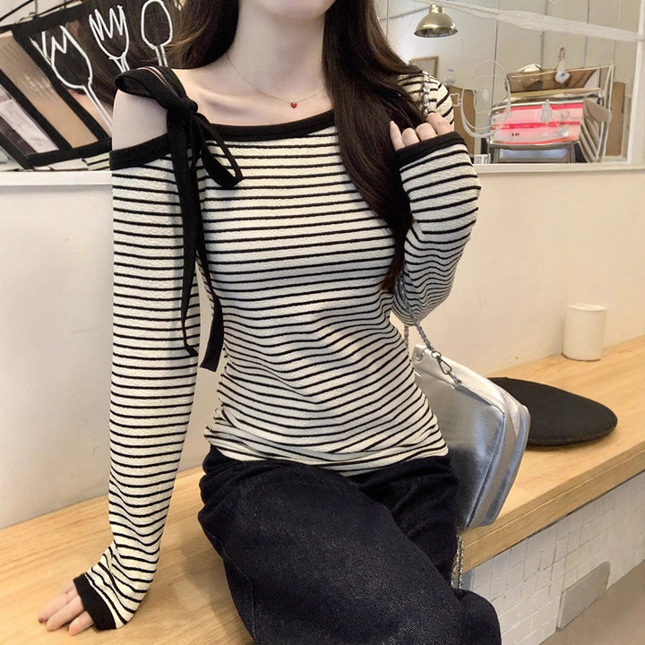 Damen Off-Shoulder Langarmshirt mit verspielten Bindedetails Drune