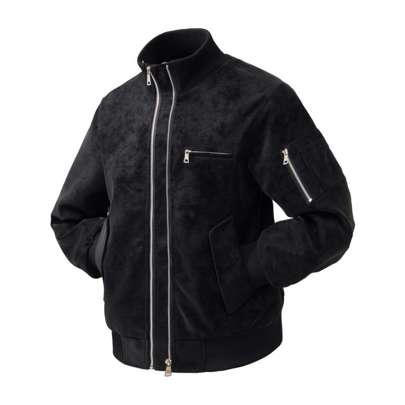 Herren Veloursleder-Optik Bomberjacke mit zweiwege-reißverschluss, Ärmel-Tasche und elastischen Rippenbündchen Drune