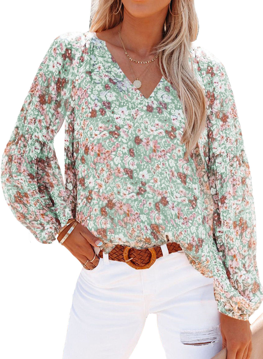 Damen Bluse mit floralen Mustern und V-Ausschnitt Drune