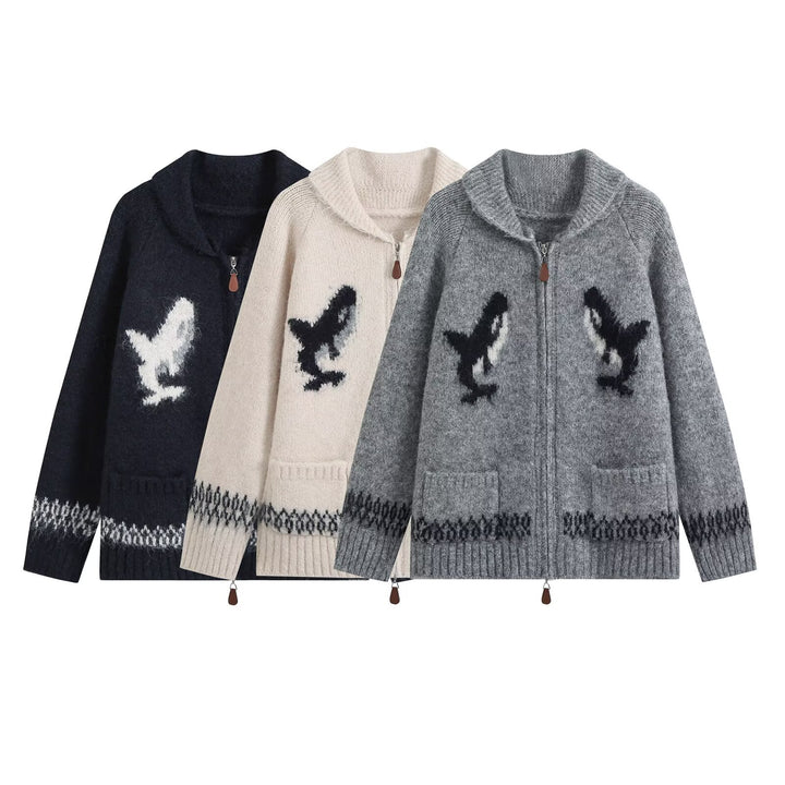 Damen Grobgestrickter Zip-Cardigan mit Schalkragen und Intarsia-Motiv Drune