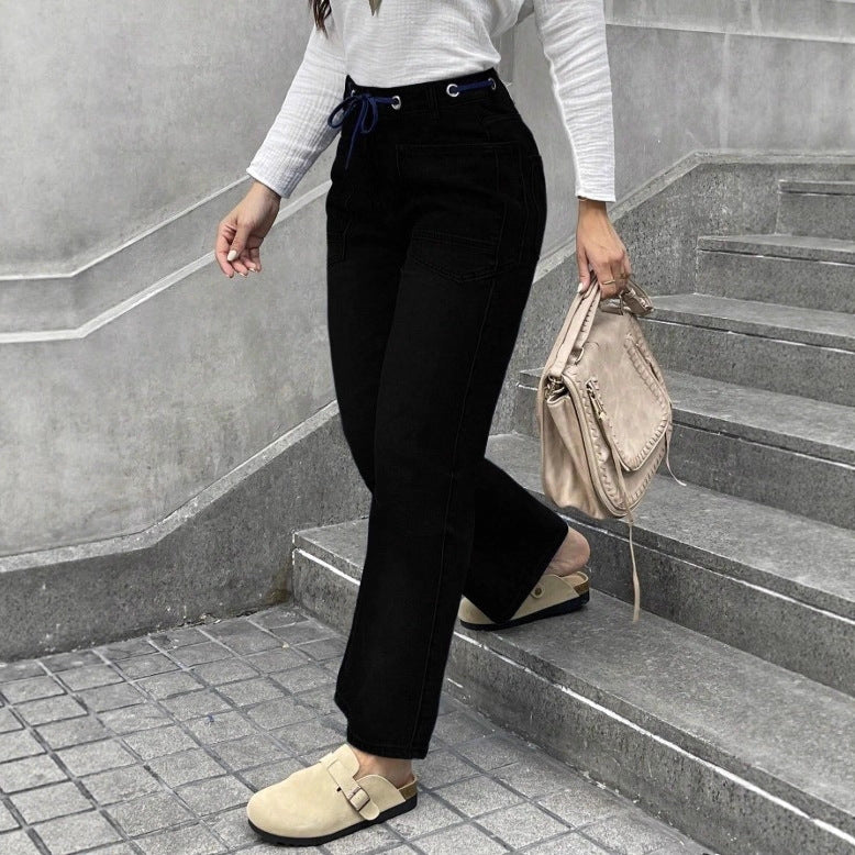 Damen Hochtaillierte Jeans mit geradem Bein, Tunnelzugbund und aufgesetzten Taschen Drune