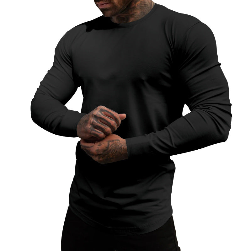 Herren nan figurbetontes Langarmshirt mit Rundhalsausschnitt, elastischem Baumwollstretch und verlängertem Saum Drune