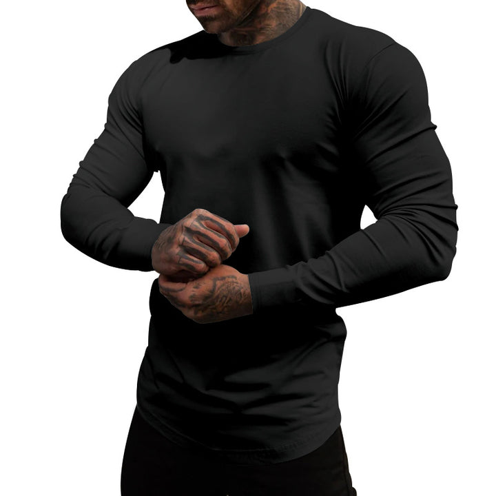 Herren nan figurbetontes Langarmshirt mit Rundhalsausschnitt, elastischem Baumwollstretch und verlängertem Saum Drune