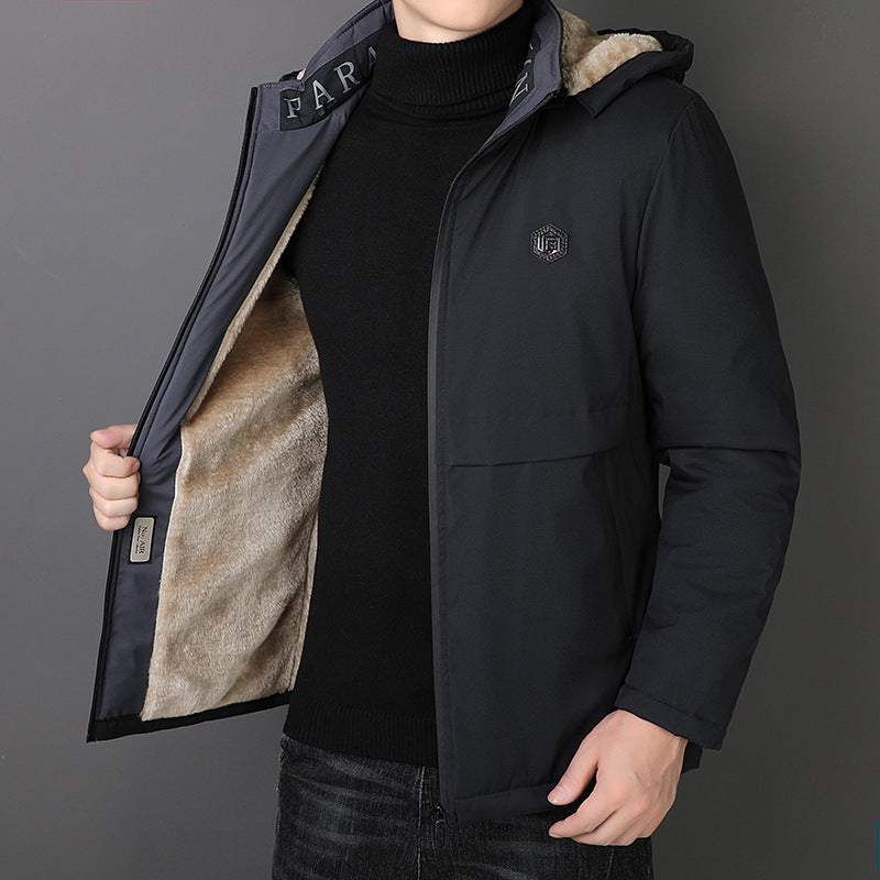 Herren Übergangsjacke mit Teddyfutter, winddichter Außenhülle und Kapuze Drune