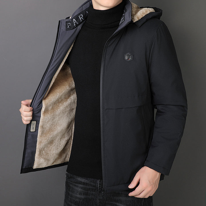 Herren Übergangsjacke mit Teddyfutter, winddichter Außenhülle und Kapuze Drune