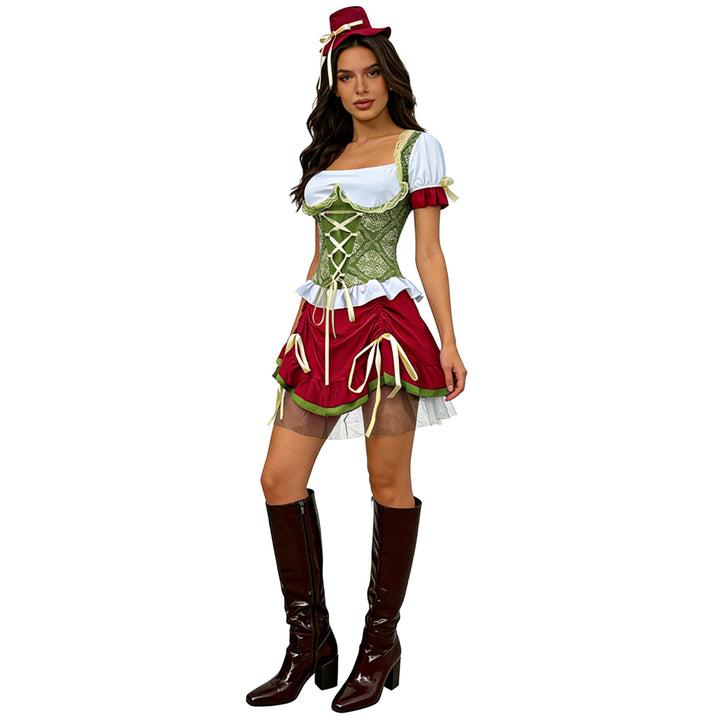 Damen nan kurzes Dirndl Trachtenkleid mit Schnürcorsage, Spitzenkragen und gerafftem Rock Drune