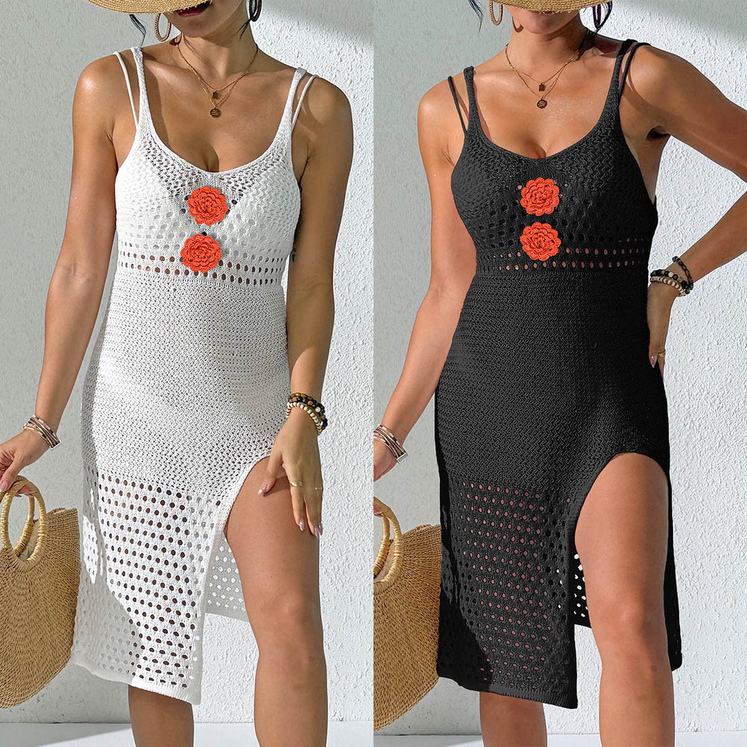 Damen Häkel-Strandkleid mit sexy Schlitz und Blumenapplikationen Drune
