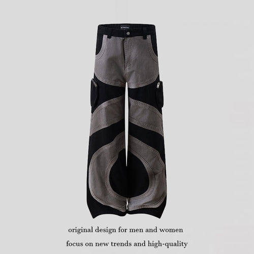 Damen weite Patchwork-Cargo-Culottehose mit aufgesetzten Zipper-Taschen und kontrastnähten Drune
