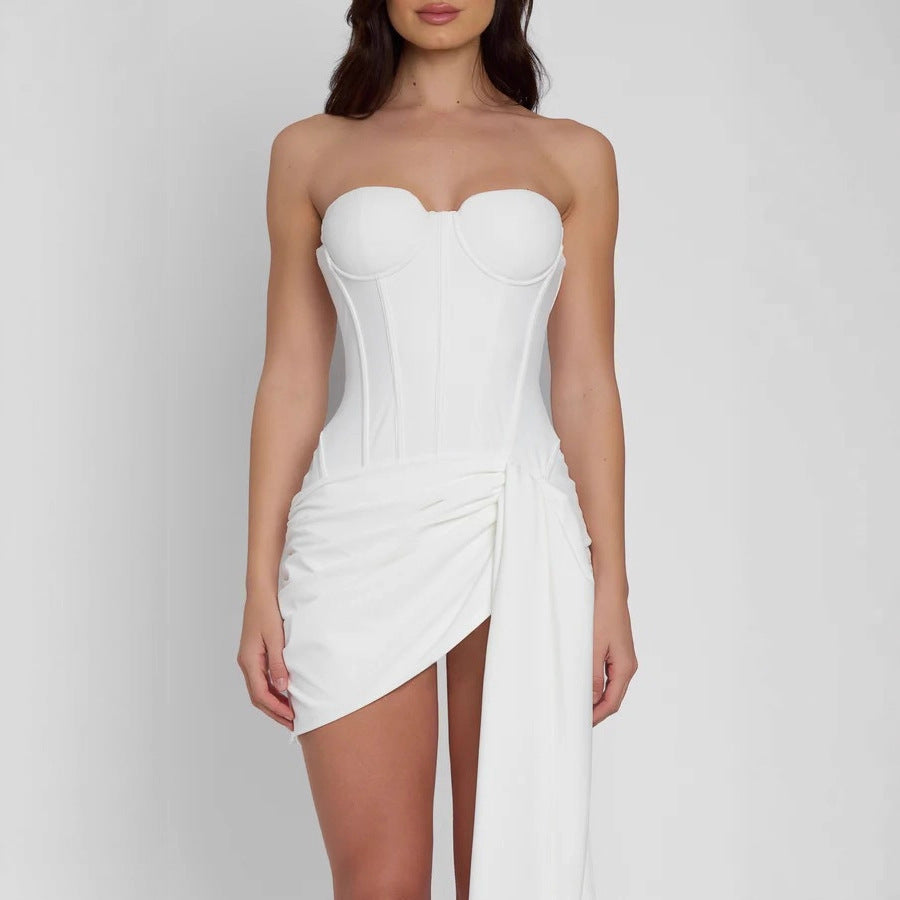 Damen Minimales und elegantes Cocktailkleid mit Korsett-Oberteil und drapiertem Rock Drune