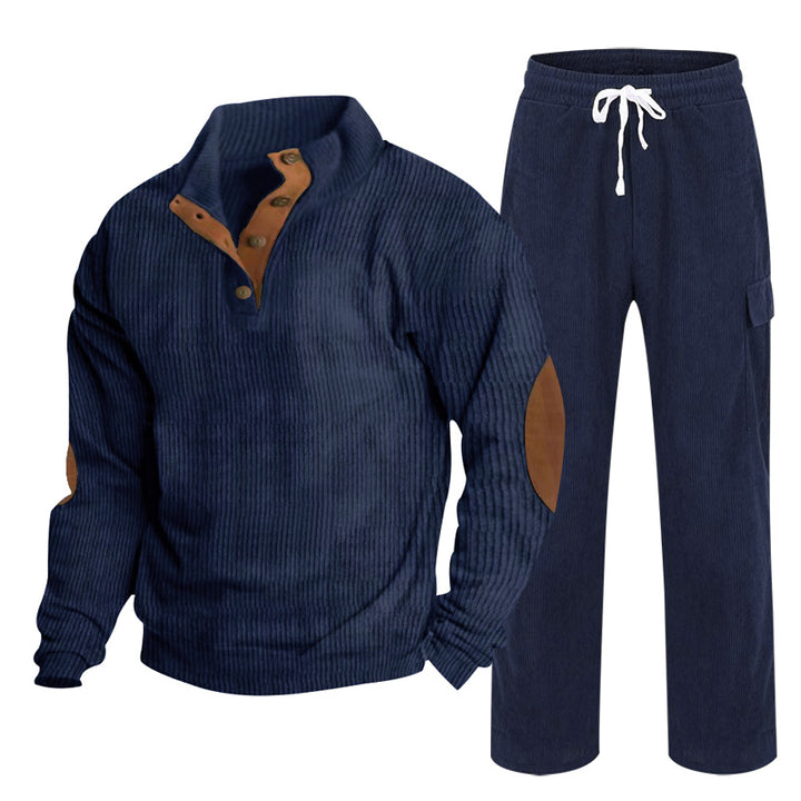 Herren Gemütliches Freizeit-Set aus Waffelstrick-Henley mit Ellenbogenpatch und Relax-Cargo-Hose Drune