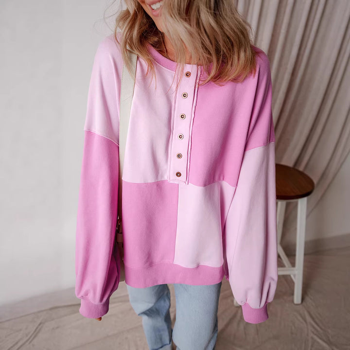 Damen Oversize-Colorblock Sweatshirt mit Henley-Knopfleiste, Ballonärmeln und geripptem Saum Drune