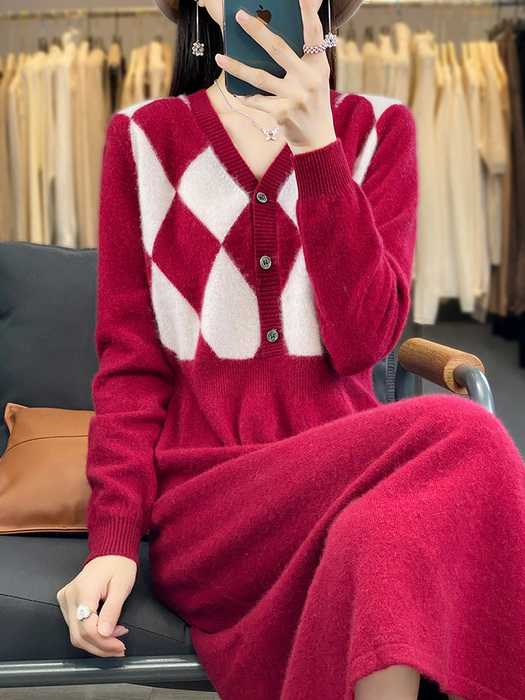 Damen Strick-Set mit V-Cardigan Rautenmuster und tailliertem Midirock Drune