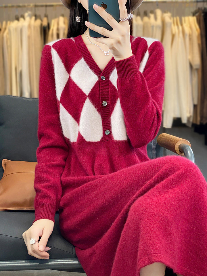 Damen Strick-Set mit V-Cardigan Rautenmuster und tailliertem Midirock Drune