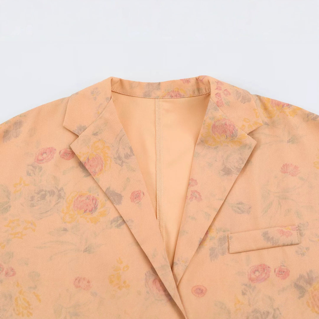 Damen Leichter Boxy‑Blazer mit floralem Aquarelldruck, aufgesetzten Pattentaschen und fallendem Revers Drune