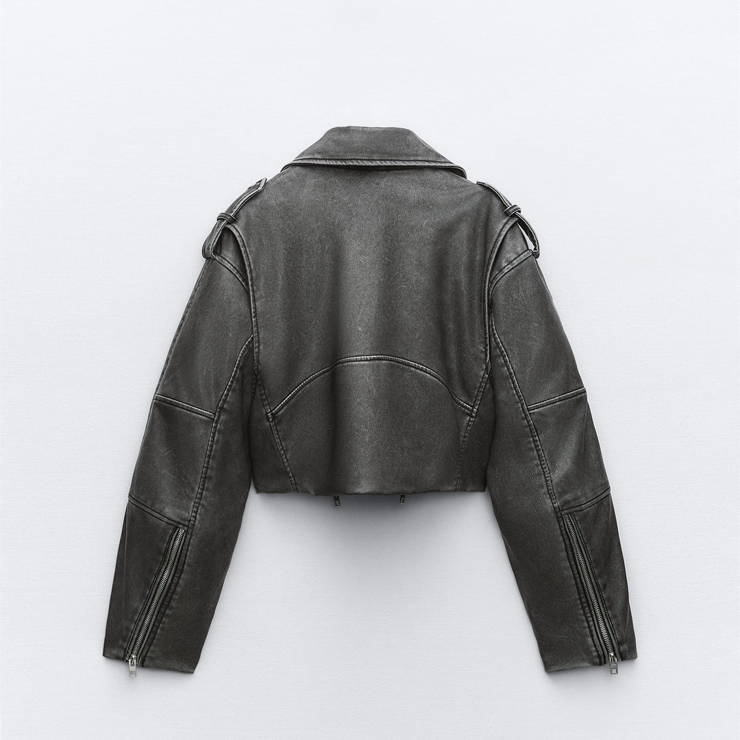 Damen Kurz geschnittene Bikerjacke aus Kunstleder mit asymmetrischer Reißverschlussfront und Oversized‑Boxy‑Silhouette Drune