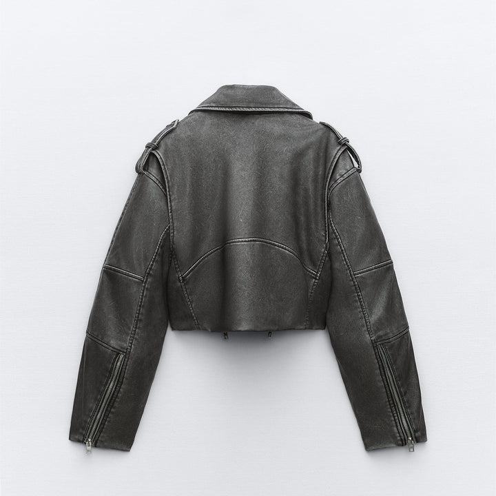 Damen Kurz geschnittene Bikerjacke aus Kunstleder mit asymmetrischer Reißverschlussfront und Oversized‑Boxy‑Silhouette Drune