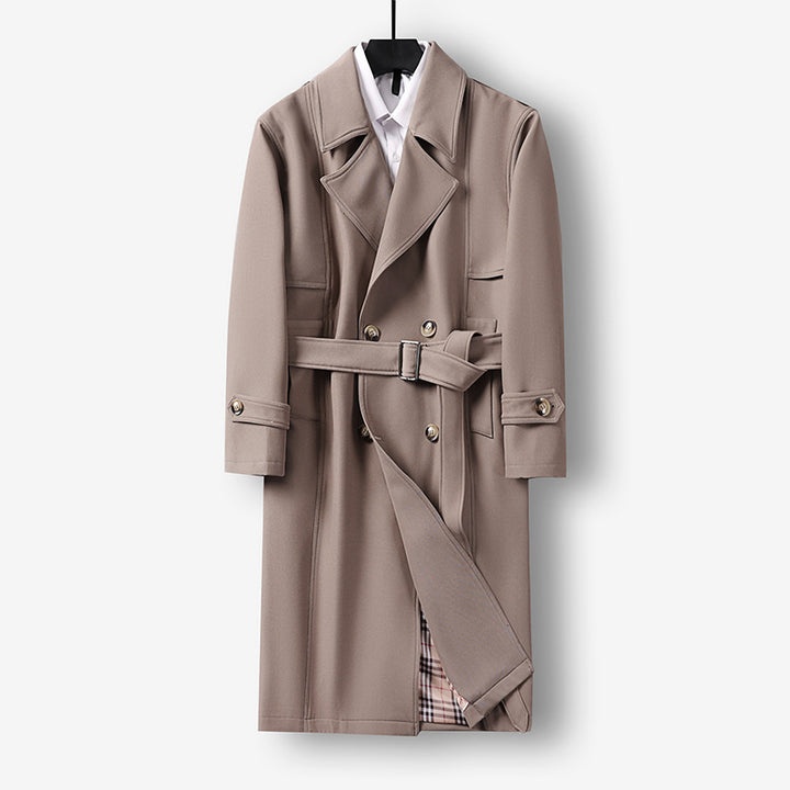 Herren Midilanger Doppelreihiger Trenchcoat mit Taillengürtel, abgefalcetem Revers und kariertem Innenfutter Drune