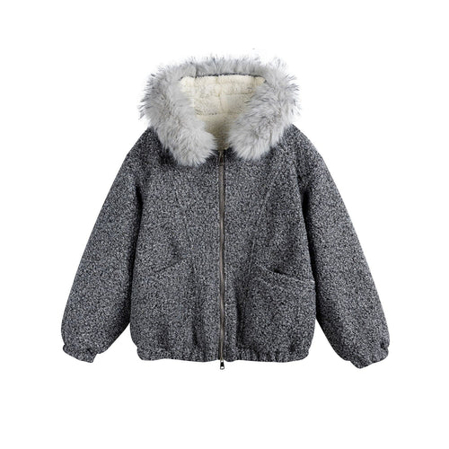 Damen Bouclé-Blousonjacke mit voluminösem Faux-Fur-Kragen und Thermofutter Drune