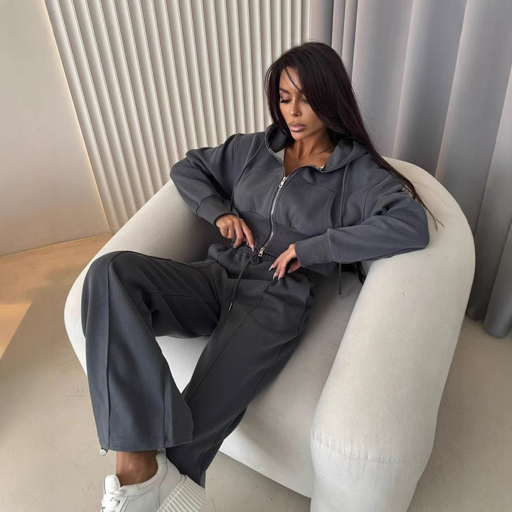 Damen Sportliches Zweiteiliges Set mit cropped Hoodie und weiten Jogginghosen aus elastischem Material Drune